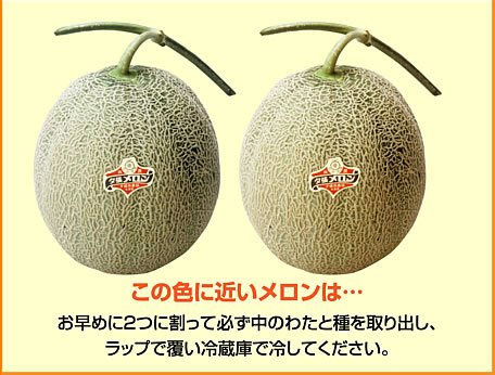 この色に近いメロンは、お早めに2つに割って、必ず中のわたと種を取り出し、ラップで覆い冷蔵庫で冷やしてください。
